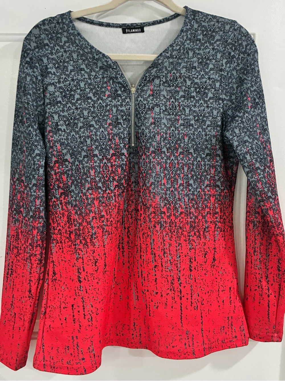 Flamingo Women's Gray & Red Ombre Zip-Front Top